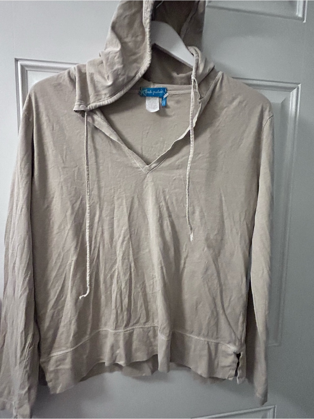 fresh produce Beige V-Neck Hooded Long Sleeve Pullover